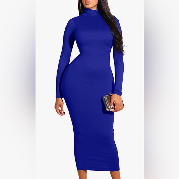 Dresses | Womens Long Sleeve Turtleneck Bodycon Long Dress Blue New Size  Smlmedium | Poshmark